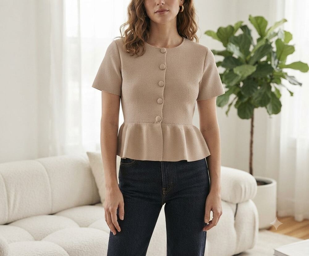 Zara Short-Sleeve Peplum Cardigan Sand Beige NWT Soft Girl Quiet Luxury Size M